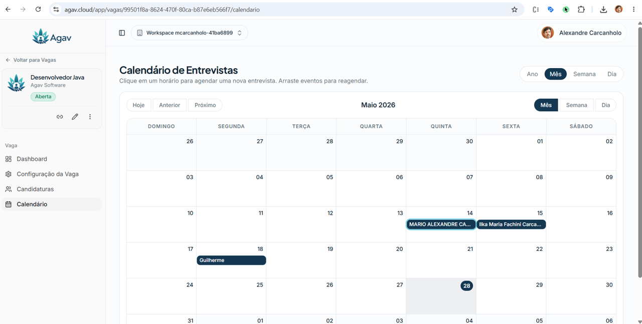Calendário de entrevistas integrado ao Google Calendar dentro do Agav