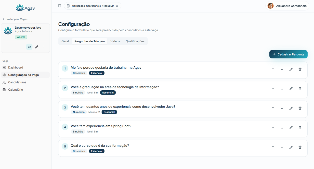 Tela de configuração da vaga no Agav com perguntas de triagem personalizadas
