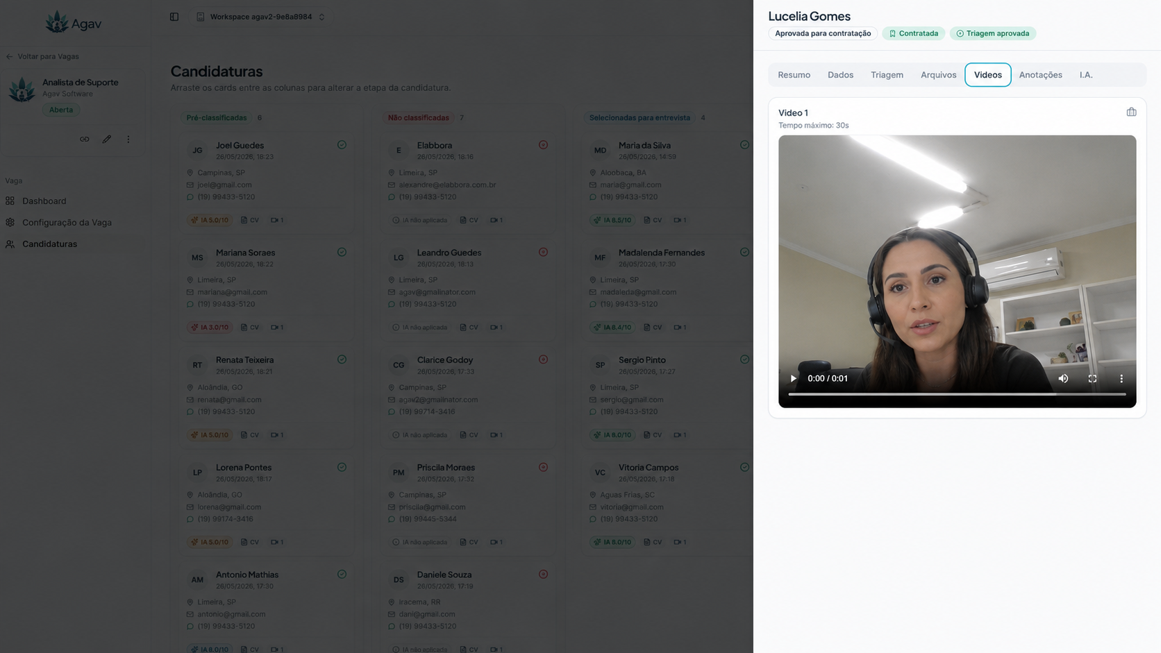 Tela de candidatura com vídeos no Agav exibindo respostas em vídeo do candidato
