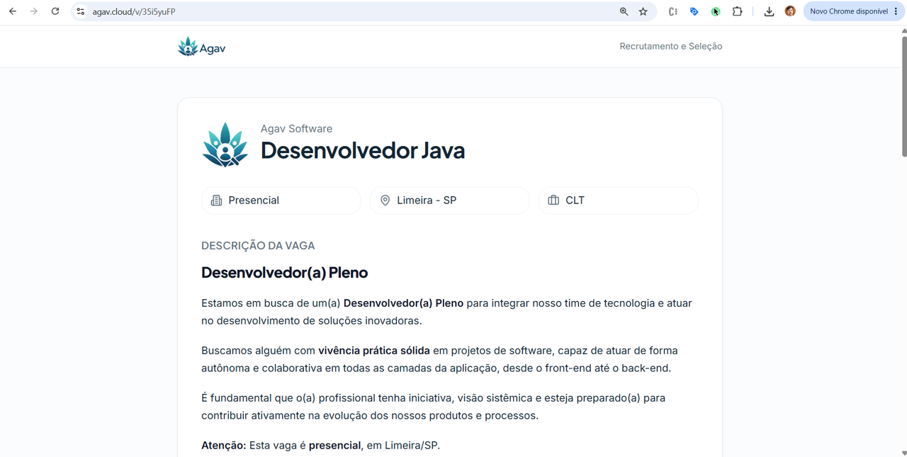 Página pública de vaga no Agav com link para preenchimento da candidatura